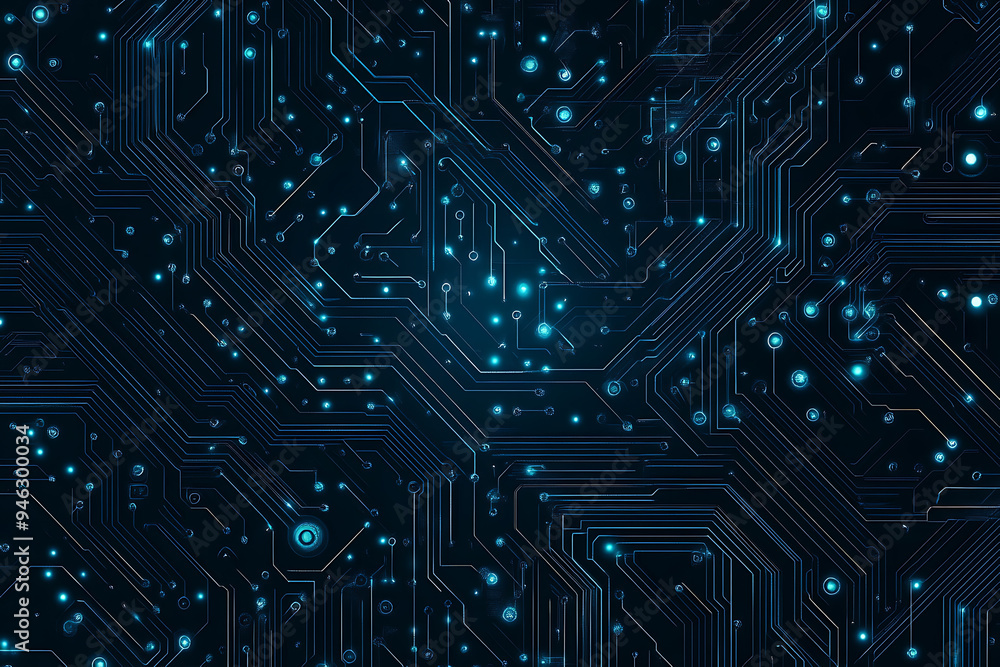 Abstract representation of a circuit board with glowing neon lines and geometric patterns against a dark background. The image evokes a high-tech, futuristic feel with ample copy space Abstract representation of a circuit board with glowing neon lines and geometric patterns against a dark background. The image evokes a high-tech, futuristic feel with ample copy space