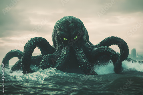 Mysterious monster Cthulhu in the sea, huge tentacles sticking out of the water, octopus monster, landscape. 3d rendering photo