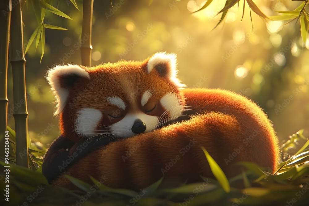 Naklejka premium Red panda curled up in a ball surrounded by bamboo leaves