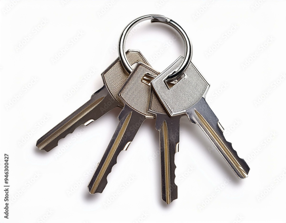 Four house keys on a key ring isolated on a white background. Four house keys on a key ring isolated on a white background.
