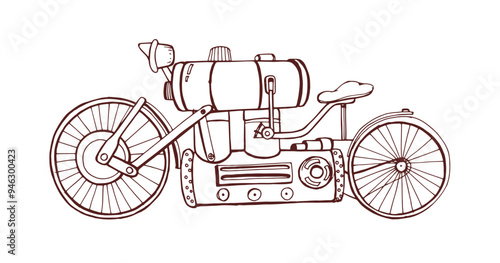 Steampunk style motorcycle, vintage retro-futuristic vehicle. 19th-century sci-fi motorbike, fantasy transport with steam-powered engine. Hand-drawn vector illustration isolated on white background