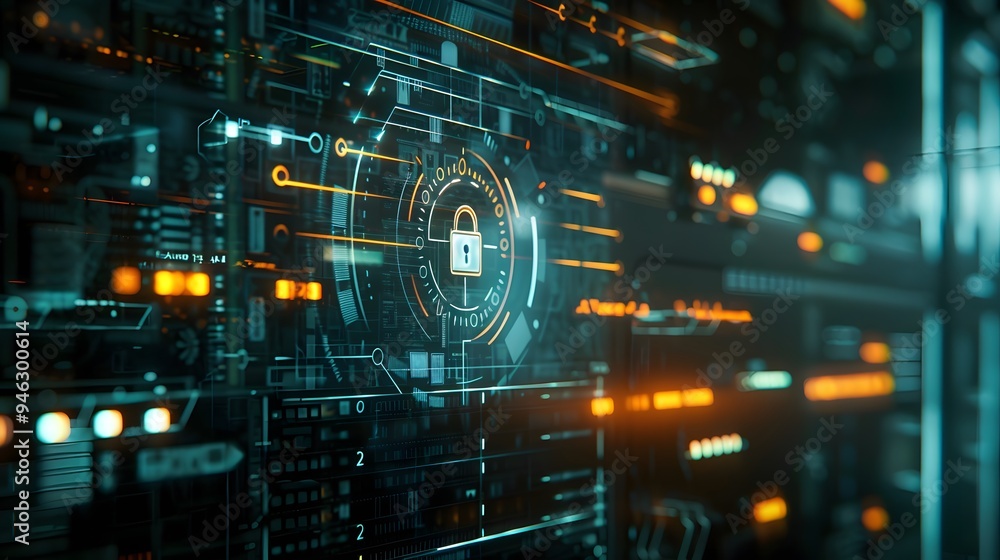 Cybersecurity concept with a padlock icon over a password entry screen Cybersecurity concept with a padlock icon over a password entry screen