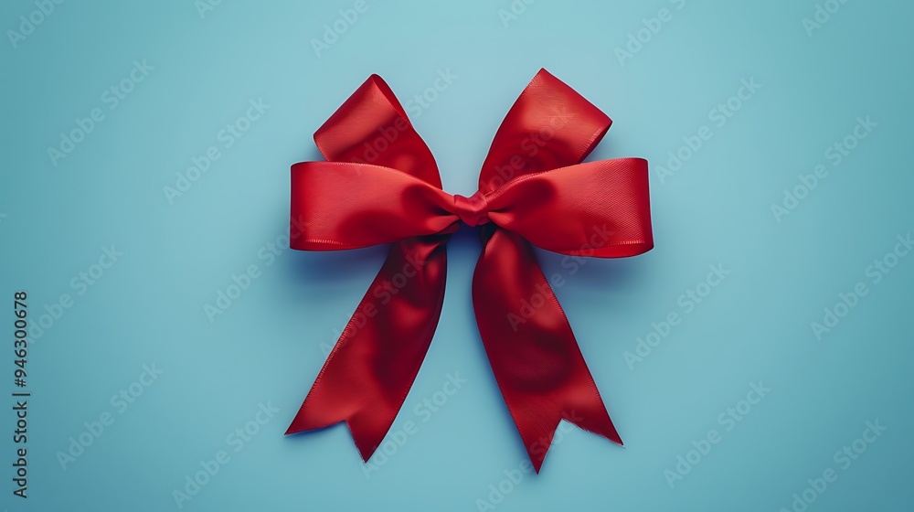 Red gift ribbon bow isolated on a blue background Red gift ribbon bow isolated on a blue background
