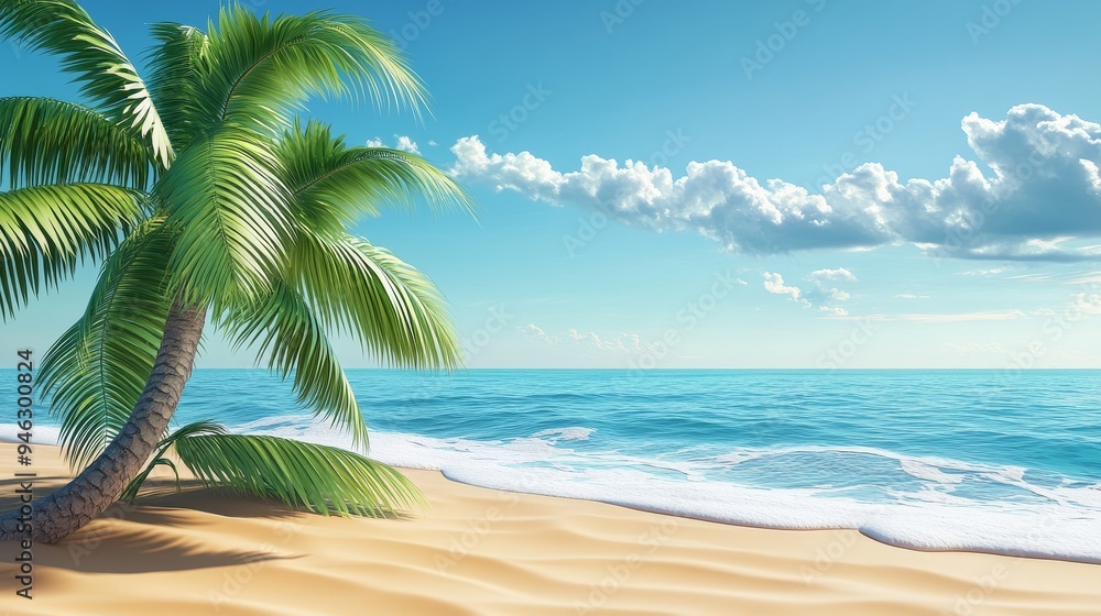 Fototapeta premium A serene beach scene with a palm tree, white sand, and blue ocean under a sunny sky.