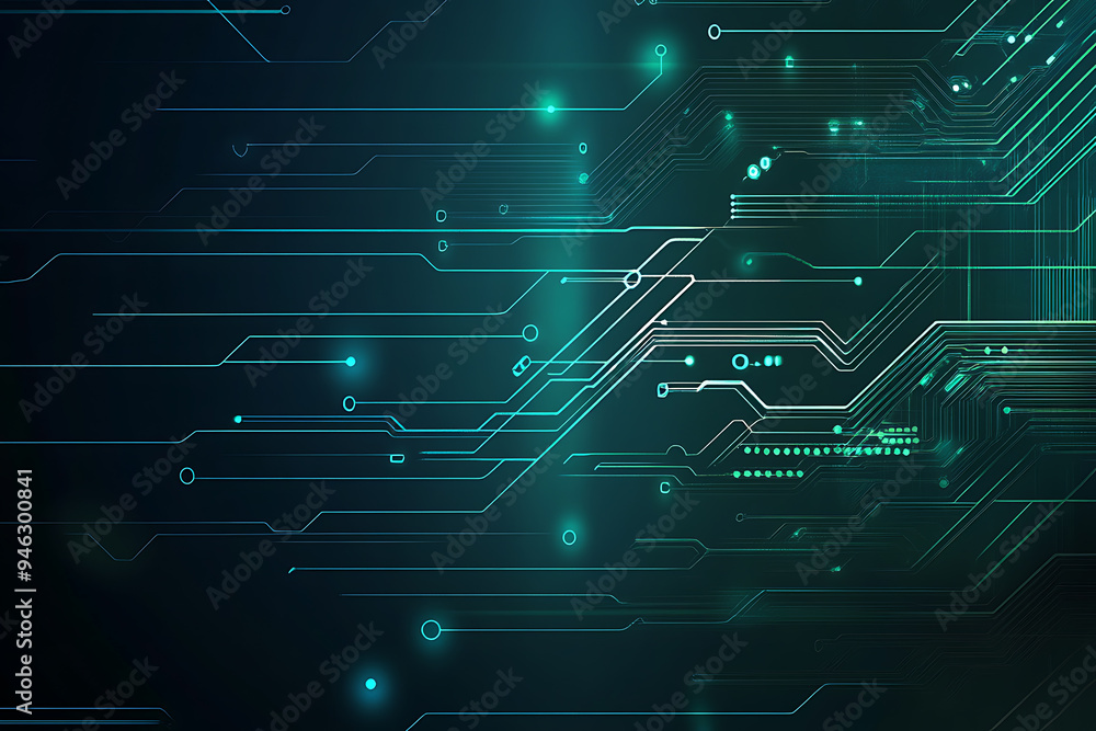 Abstract representation of a circuit board with glowing neon lines and geometric patterns against a dark background. The image evokes a high-tech, futuristic feel with ample copy space Abstract representation of a circuit board with glowing neon lines and geometric patterns against a dark background. The image evokes a high-tech, futuristic feel with ample copy space