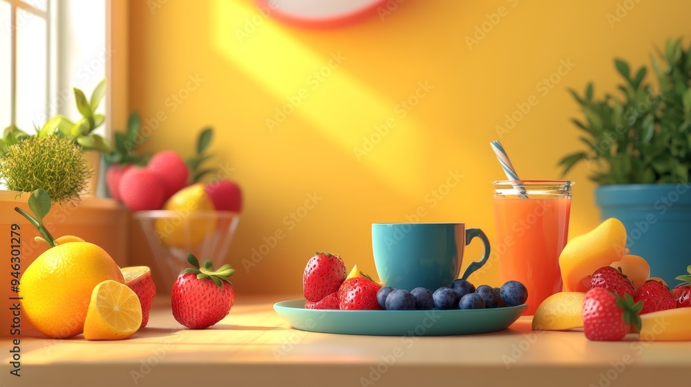 A sunny kitchen table setting with a cup of coffee, fruit, and a glass of juice. A sunny kitchen table setting with a cup of coffee, fruit, and a glass of juice.