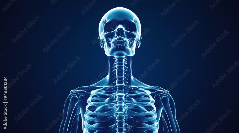 A translucent skeletal structure of a human, featuring the head, neck, and ribcage, rendered on a dark blue background. A translucent skeletal structure of a human, featuring the head, neck, and ribcage, rendered on a dark blue background.