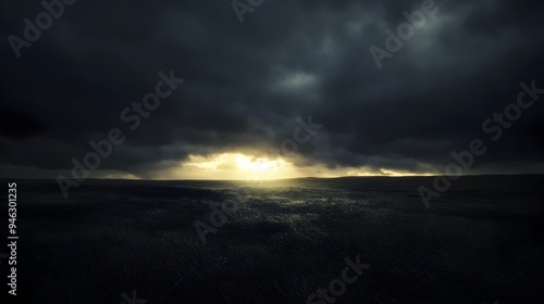 A conceptual image depicting the darkness creeping across a landscape with the last rays of light slowly disappearing leaving an atmosphere of gloom and mystery photo