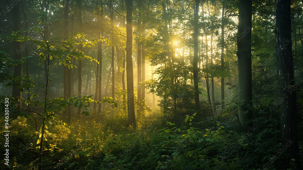 the beauty of a forest in early morning light with soft, golden hues the beauty of a forest in early morning light with soft, golden hues