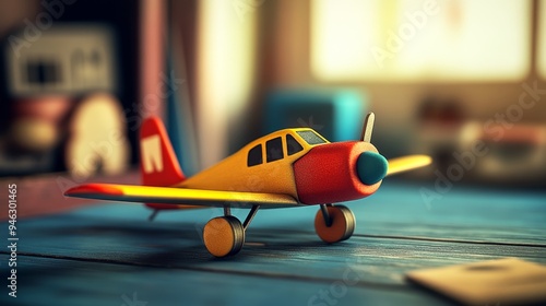 A vintage toy airplane sits on a wooden table, bathed in warm sunlight. The plane is red, yellow, and white, with a propeller and wheels.