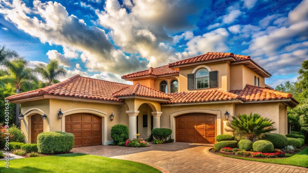 A warm and inviting suburban house with a terra cotta roof, stucco exterior, and lush greenery, set against a bright blue sky with white puffy clouds.