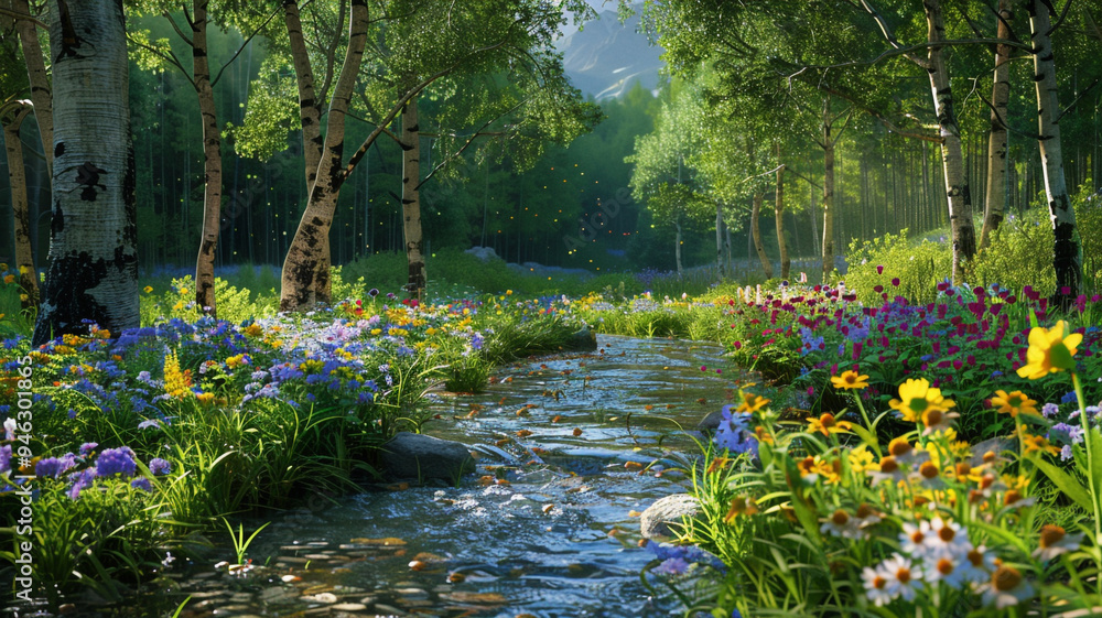 the serene beauty of a forest glade with a gentle stream and wildflowers the serene beauty of a forest glade with a gentle stream and wildflowers