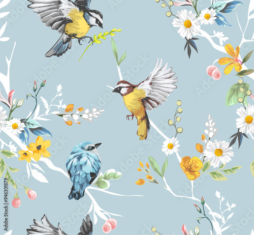 seamless pattern of colorful flowers branches and little birds vector illustration