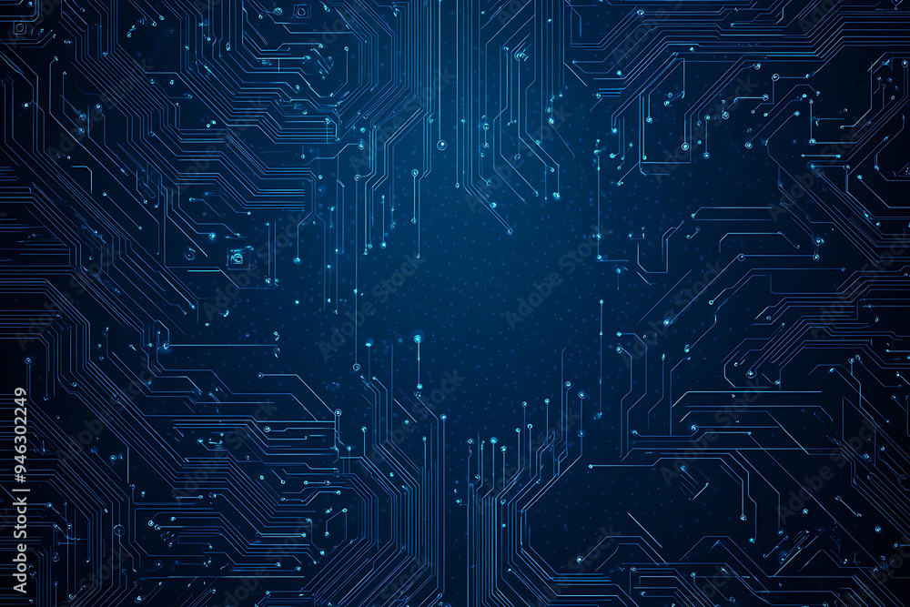 Abstract representation of a circuit board with glowing neon lines and geometric patterns against a dark background. The image evokes a high-tech, futuristic feel with ample copy space Abstract representation of a circuit board with glowing neon lines and geometric patterns against a dark background. The image evokes a high-tech, futuristic feel with ample copy space