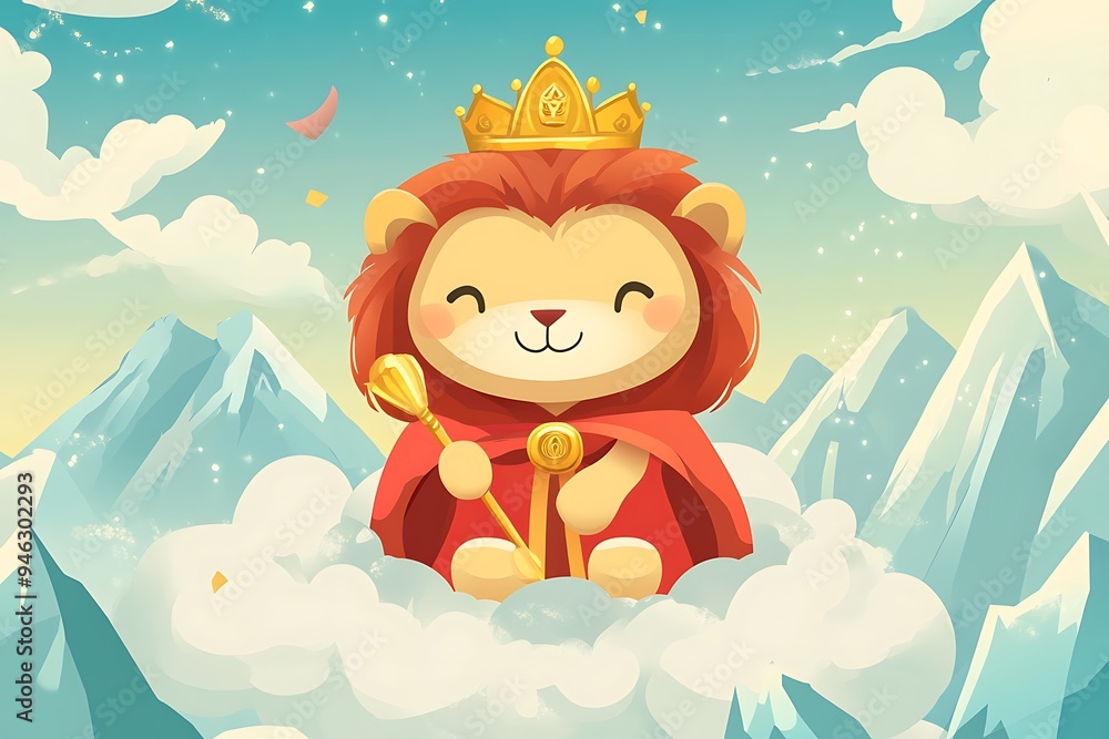 Majestic Chibi Lion King in Anime Style on Cloud with Golden Crown and Scepter Surrounded by Mountains - Vibrant Cartoon Illustration Majestic Chibi Lion King in Anime Style on Cloud with Golden Crown and Scepter Surrounded by Mountains - Vibrant Cartoon Illustration