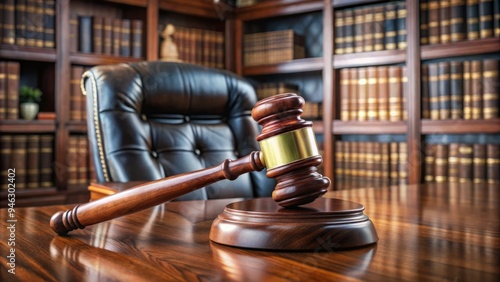 A wooden gavel lies on a polished desk in a modern courtroom, surrounded by law books and a worn leather judge's bench, symbolizing justice and authority. photo