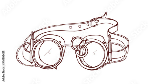 Steampunk goggles, vintage design. Detailed drawing, retro eyewear with gears...