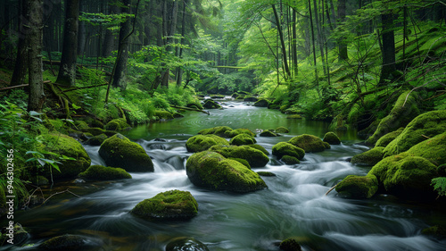 the tranquility of a forest river winding through moss-covered rocks