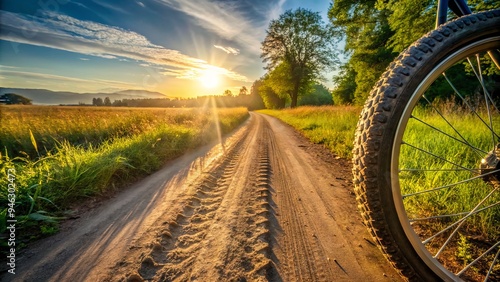 A worn bicycle tire leaves a rhythmic pattern of parallel tracks on a dusty, sun-baked rural road, surrounded by lush greenery and a serene landscape. photo