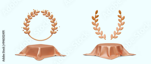 Frame of laurel branches, wreath, round and square pedestal covered with silk fabric