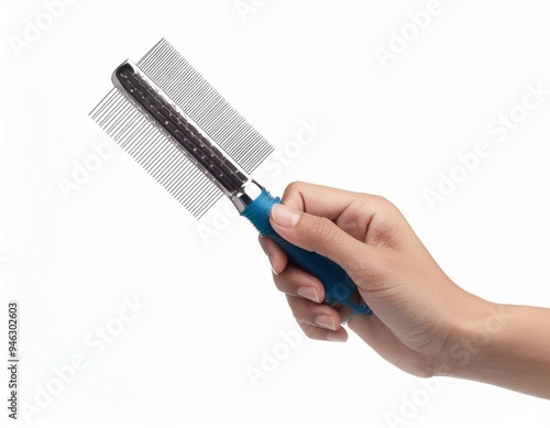 hand holding Comb for pet grooming isolated on white background.