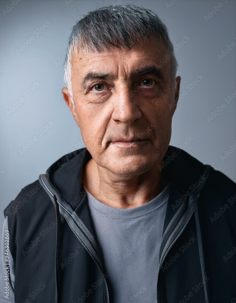 Fototapeta premium Close-up portrait of a mature man between 50 and 60 years old, masculine, with tanned skin, wearing sportswear, serious, thoughtful.