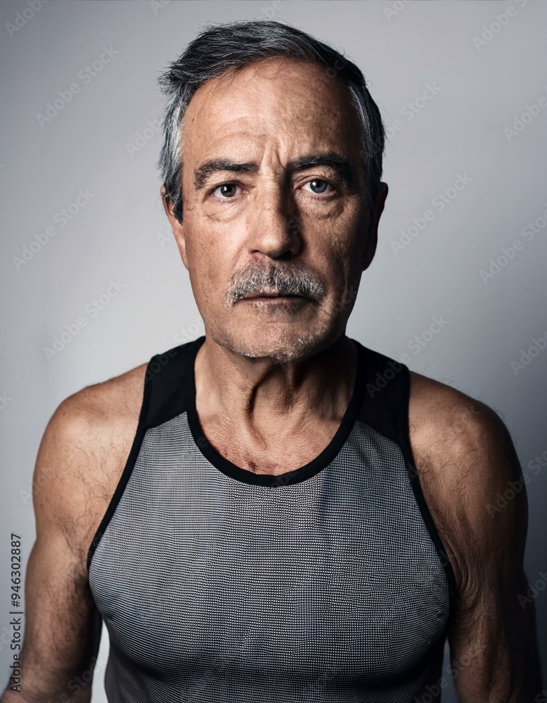 Fototapeta premium Close-up portrait of a mature man between 50 and 60 years old, masculine, with tanned skin, wearing sportswear, serious, thoughtful.