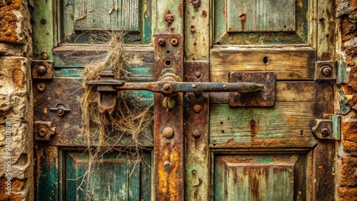 A worn, peeling door with rusty hinges and old locks, covered in dirt, grime, and cobwebs, with a dirty welcome mat at its base. photo