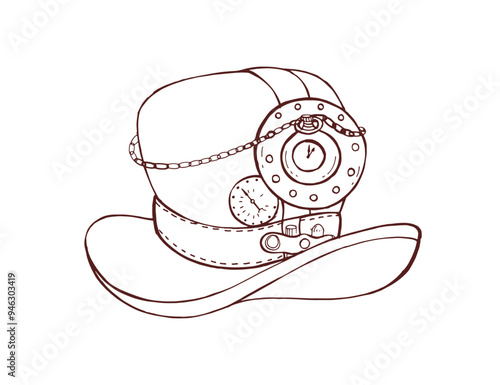Steampunk hat, vintage design with retro-futuristic industrial gears, chain, ...