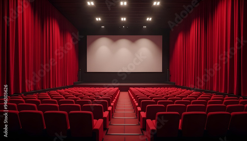 Luxury cinema hall in red theme low lights big display screen, empty cinema theater with premium interiors