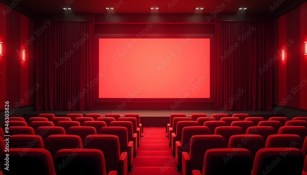 Fototapeta premium Dramatic cinema house with comfortable cushioned sofa seats, cinema room with big screen for entertainment