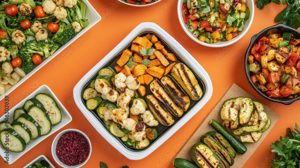 A vibrant assortment of vegetable dishes displayed on a bright orange table, emphasizing fresh and healthy culinary choices A vibrant assortment of vegetable dishes displayed on a bright orange table, emphasizing fresh and healthy culinary choices