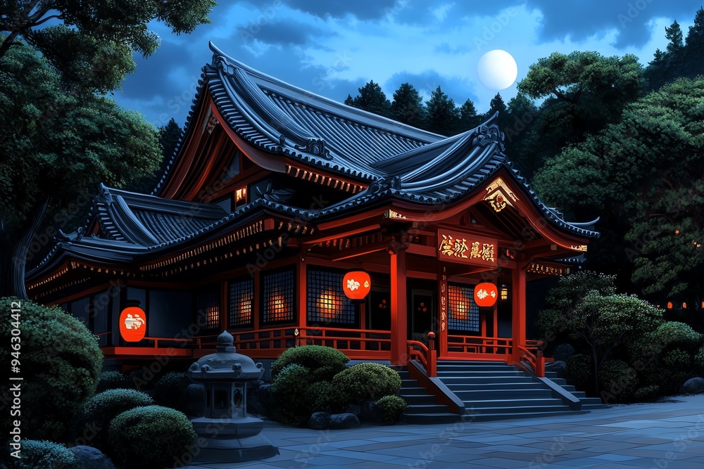 Japanese vermillion shrine at dusk, depicted in an artwork where the soft light of the evening enhances the vibrant color and the spiritual atmosphere Japanese vermillion shrine at dusk, depicted in an artwork where the soft light of the evening enhances the vibrant color and the spiritual atmosphere