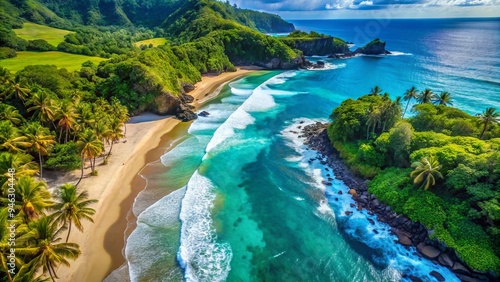 Breathtaking overhead view of turquoise ocean waves gently lapping against powdery white sand beach, surrounded by lush green tropical foliage and rugged volcanic coastline.