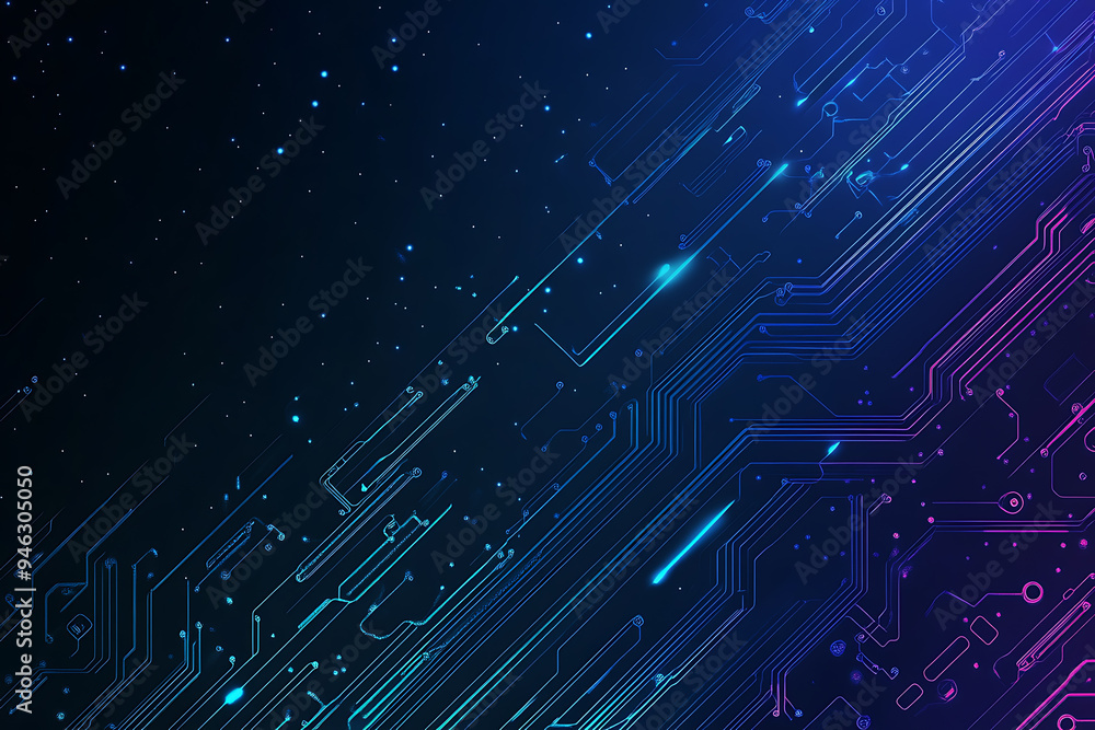Abstract representation of a circuit board with glowing neon lines and geometric patterns against a dark background. The image evokes a high-tech, futuristic feel with ample copy space Abstract representation of a circuit board with glowing neon lines and geometric patterns against a dark background. The image evokes a high-tech, futuristic feel with ample copy space
