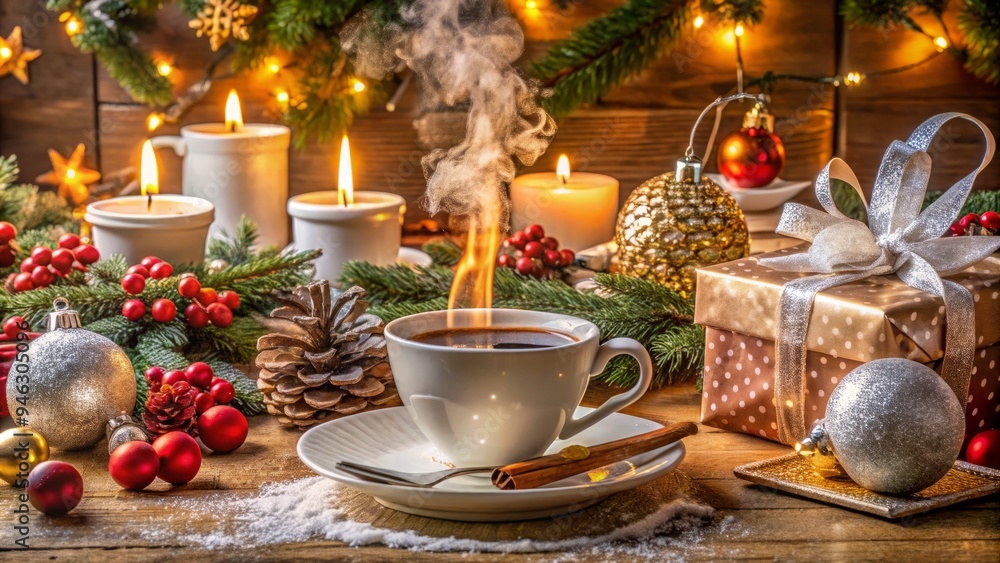 Candlelit festive table setting with sparkling ornaments, presents, and a steaming hot cup of coffee, surrounded by cozy winter wonderland ambiance on Christmas morning. Candlelit festive table setting with sparkling ornaments, presents, and a steaming hot cup of coffee, surrounded by cozy winter wonderland ambiance on Christmas morning.
