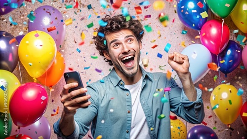 Carefree young adult beams with joy, holding smartphone, surrounded by colorful confetti, balloons, and streamers, embracing the excitement of a magical celebration. photo