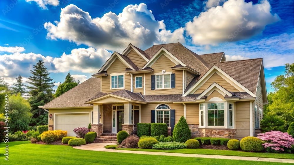 Classic suburban home with a sharp roofline, warm beige exterior, and lush greenery, set against a bright blue sky with puffy white clouds. Classic suburban home with a sharp roofline, warm beige exterior, and lush greenery, set against a bright blue sky with puffy white clouds.