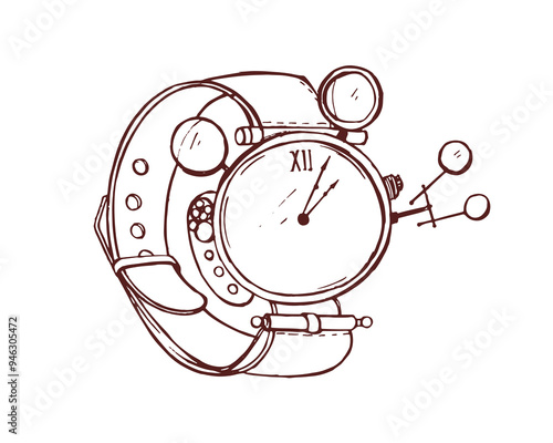 Steampunk vintage watch, wrist clock. Mechanical wristwatch in retro industri...