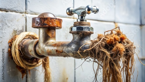 Clogged pipe with hair and soap scum tangled around rusty faucet, overflowing with murky water, symbolizing household maintenance and plumbing issues. photo