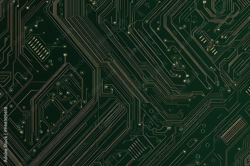  Abstract representation of a circuit board with glowing neon lines and geometric patterns against a dark background. The image evokes a high-tech, futuristic feel with ample copy space