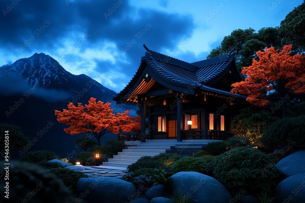 Japanese vermillion shrine at dusk, depicted in an artwork where the soft light of the evening enhances the vibrant color and the spiritual atmosphere Japanese vermillion shrine at dusk, depicted in an artwork where the soft light of the evening enhances the vibrant color and the spiritual atmosphere