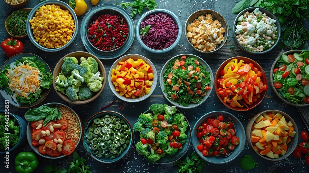 Colorful Bowls of Salad and Vegetable Ingredients Colorful Bowls of Salad and Vegetable Ingredients