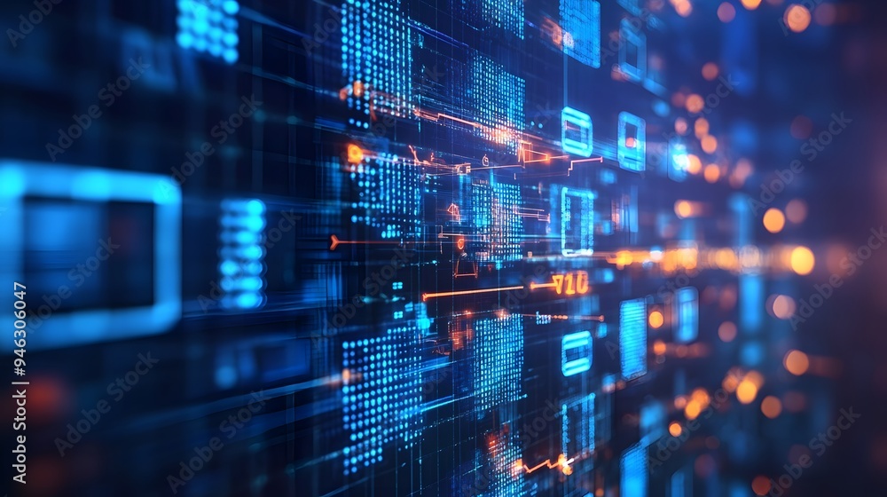 Digital interface showing a blockchain ledger being processed by AI algorithms Digital interface showing a blockchain ledger being processed by AI algorithms
