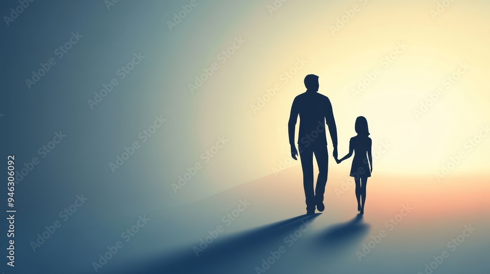 Silhouette of a father and daughter walking towards the horizon, symbolizing hope, love and togetherness. Silhouette of a father and daughter walking towards the horizon, symbolizing hope, love and togetherness.