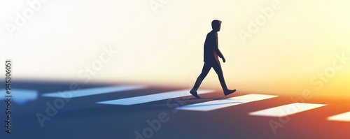 Silhouette of a man walking on a crosswalk with bright, colorful light. photo