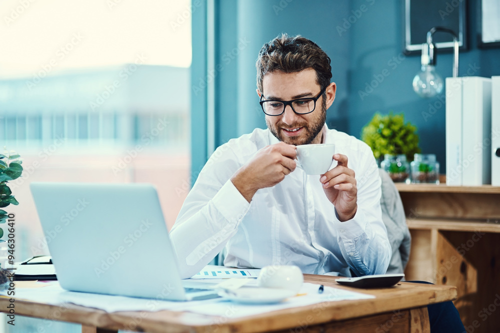 Business, man and coffee with laptop in office for finance planning, accounting documents and investment growth. Male auditor, beverage and digital for online report, budget schedule and review sales Business, man and coffee with laptop in office for finance planning, accounting documents and investment growth. Male auditor, beverage and digital for online report, budget schedule and review sales