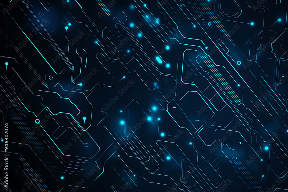 Abstract representation of a circuit board with glowing neon lines and geometric patterns against a dark background. The image evokes a high-tech, futuristic feel with ample copy space Abstract representation of a circuit board with glowing neon lines and geometric patterns against a dark background. The image evokes a high-tech, futuristic feel with ample copy space