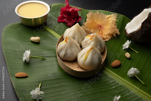 Steamed Modak, white modak, ukdiche modak made from rice flour and coconut jaggery filling. Modak is a traditional Indian sweet made during Ganesh Utsav