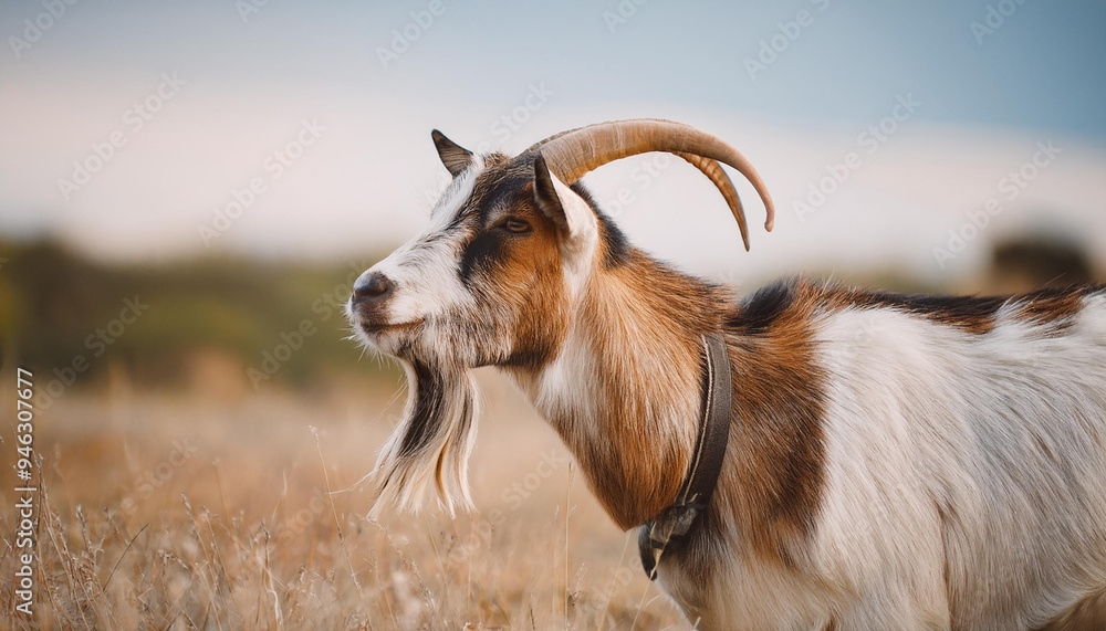Goat with long horns standing in field, animal portrait. Farm livestock.